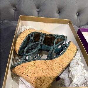 Fergie Teal Wedge Sandals with Cork Heel